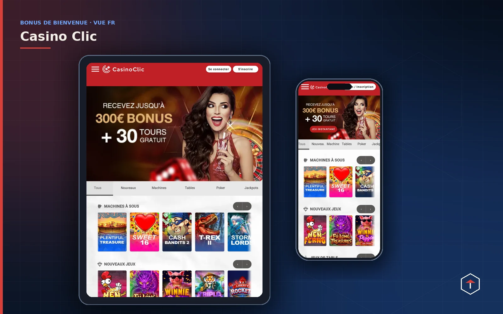 Casino Clic en français sur tablette et smartphone, avec l’offre de bienvenue et la sélection de machines à sous