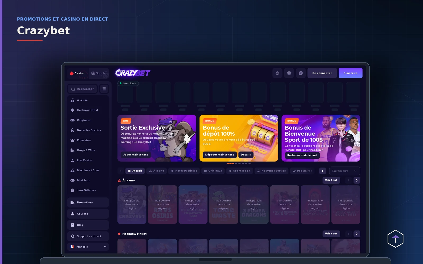 Interface de Crazybet en français sur ordinateur portable, avec les promotions en cours et le menu des catégories de jeux