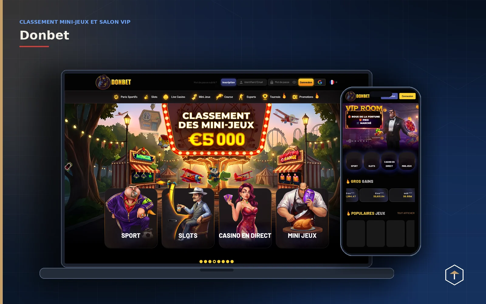 Donbet en français sur ordinateur portable et mobile, avec le classement des mini-jeux et les catégories slots et casino en direct