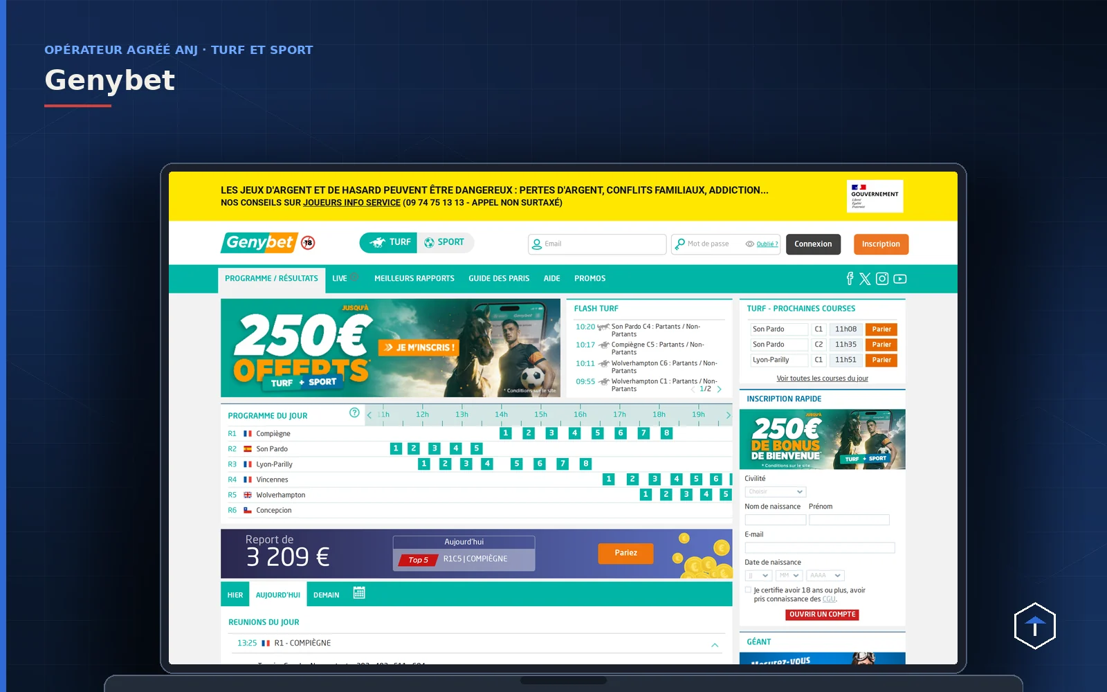 Genybet, opérateur agréé par l’ANJ, sur ordinateur portable, avec le bandeau d’avertissement et l’offre turf et sport