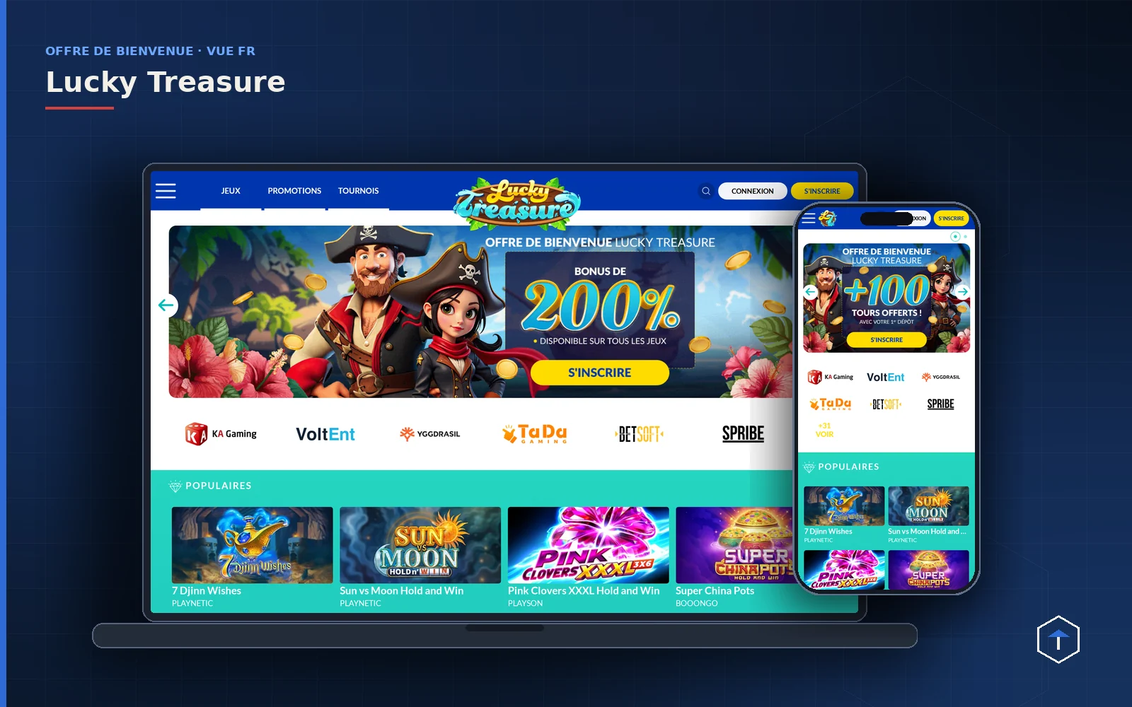Page d’accueil de Lucky Treasure en français sur ordinateur portable et smartphone, avec l’offre de bienvenue de 200 %