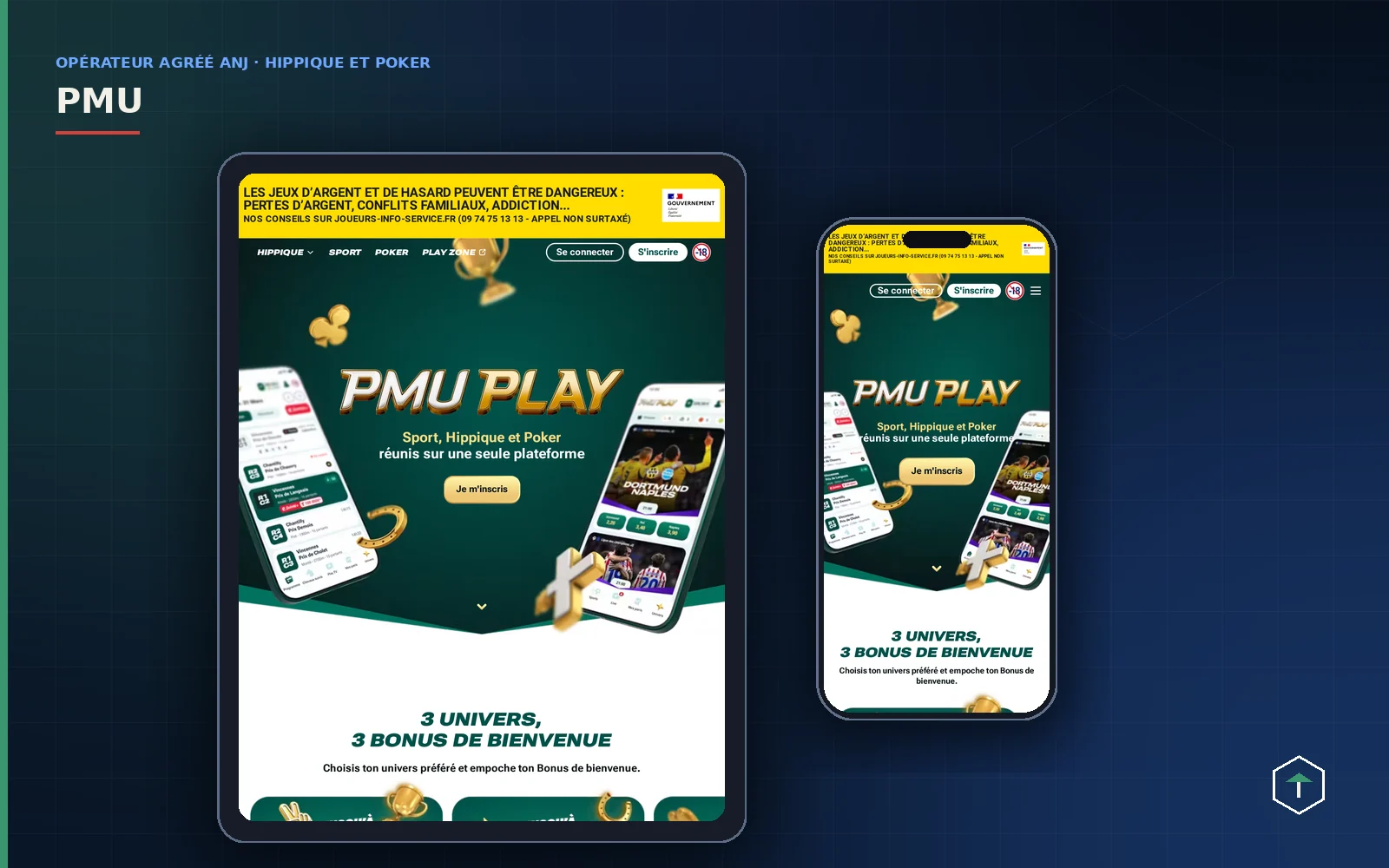 PMU, opérateur agréé par l’ANJ, sur tablette et smartphone, avec l’offre paris hippiques, sport et poker